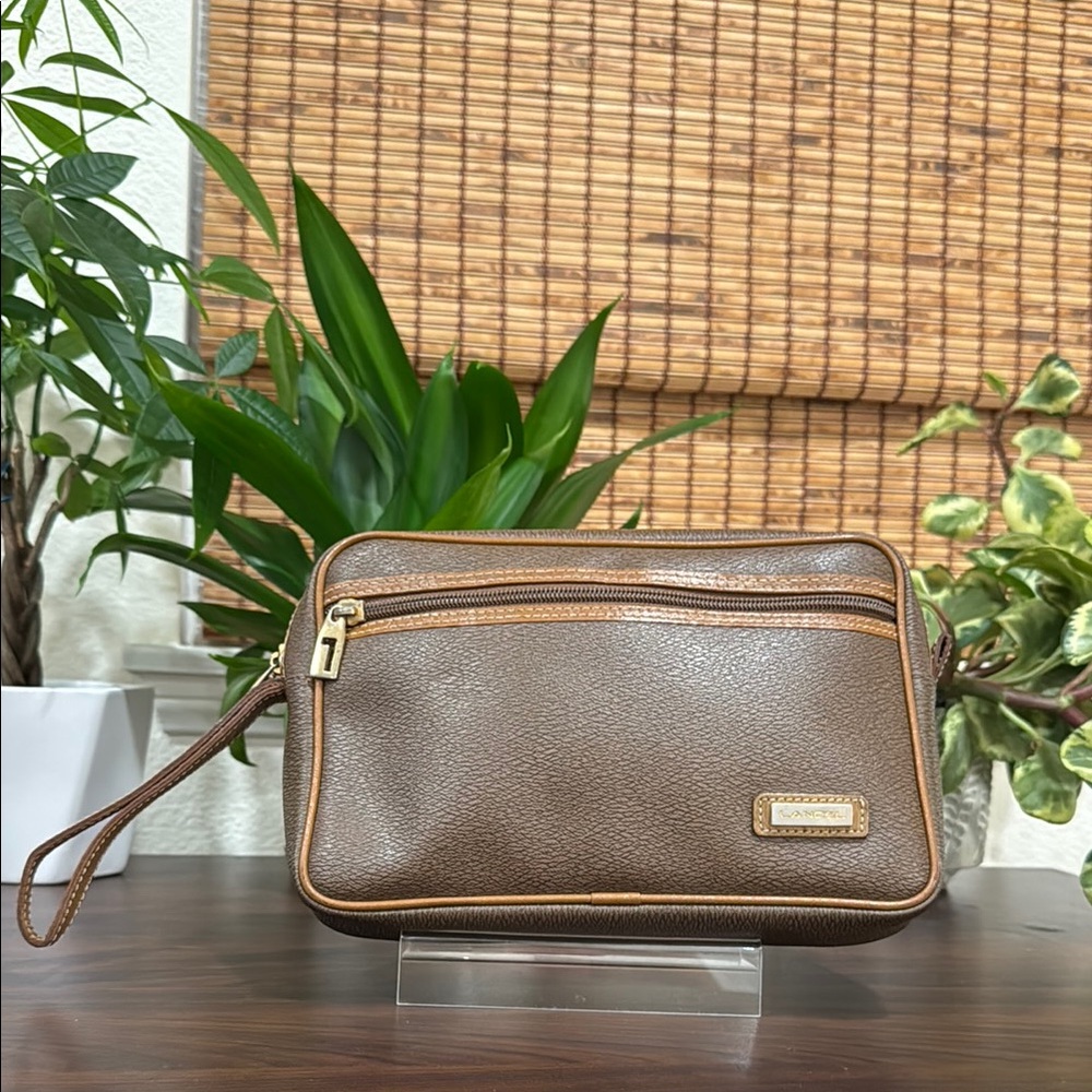 Lancel Brown Leather Toiletry Bag with Gold Zipper